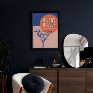 It's Five O'clock Somewhere! Funny Word Retro Wall Art Print in orange and blue