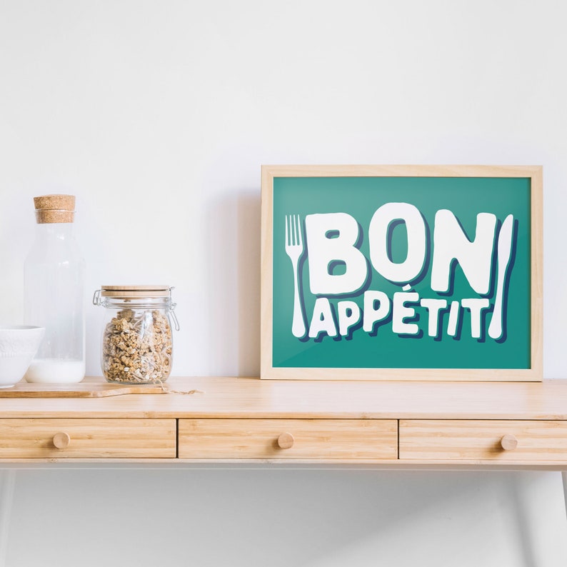 Bon Appetit Print, Kitchen Poster, Foodie Gift, Culinary Art Poster Print, French Wall Decor, French Quote Print, Housewarming Food Art image 3