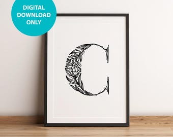 Floral Letter C Monogram Print, Kids Nursery Playroom Wall Art (Digital Download)