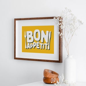 Bon Appetit Print, Kitchen Poster, Foodie Gift, Culinary Art Poster Print, French Wall Decor, French Quote Print, Housewarming Food Art Yellow