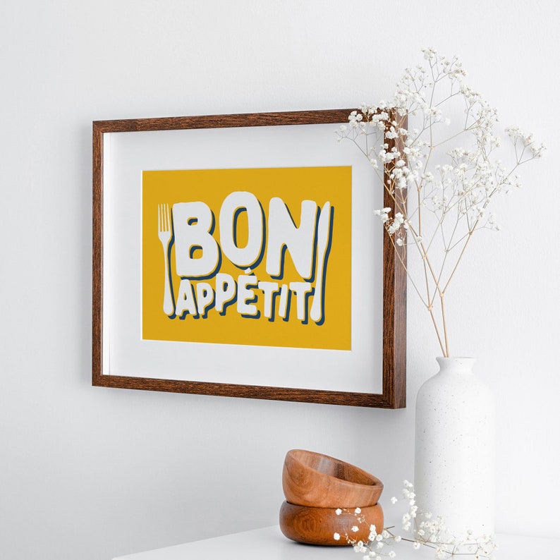 Bon Appetit Print, Kitchen Poster, Foodie Gift, Culinary Art Poster Print, French Wall Decor, French Quote Print, Housewarming Food Art Yellow