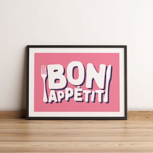 Bon Appetit Print, Kitchen Poster, Foodie Gift, Culinary Art Poster Print, French Wall Decor, French Quote Print, Housewarming Food Art Pink