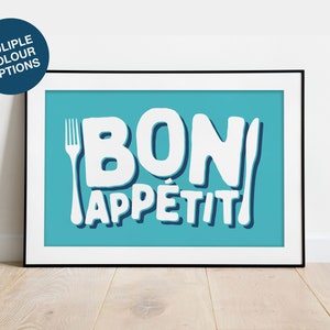 Bon Appetit Print, Kitchen Poster, Foodie Gift, Culinary Art Poster Print, French Wall Decor, French Quote Print, Housewarming Food Art Light Blue