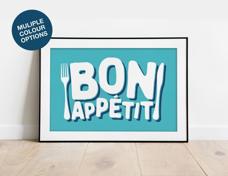 Bon Appetit Print, Kitchen Poster, Foodie Gift, Culinary Art Poster Print, French Wall Decor, French Quote Print, Housewarming Food Art Light Blue