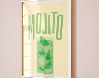 Mojito Cocktail Art Print, Home Bar Art, Kitchen Cocktail Poster, Mixology gift, Mojito Classic Cocktail Kitchen Poster, Risograph Style Art