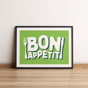 Bon Appetit Print, Kitchen Poster, Foodie Gift, Culinary Art Poster Print, French Wall Decor, French Quote Print, Housewarming Food Art Lime Green