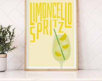 Limoncello Spritz Cocktail Art Print, Home Bar Art, Kitchen Cocktail Poster, Mixology gift, Limoncello Kitchen Poster, Risograph Style Print