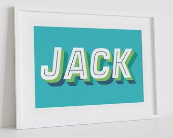 Child's Personalised Name Letter Art Print, Custom Colourful Name Alphabet Letter Print, Kids Bedroom Nursery Art Poster, Retro Name Print