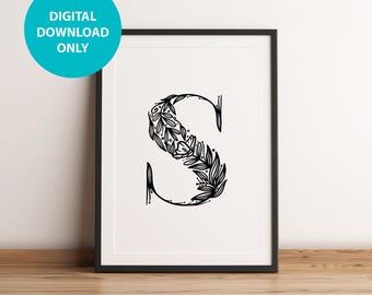 Floral Letter S Monogram Print, Kids Nursery Playroom Wall Art (Digital Download)