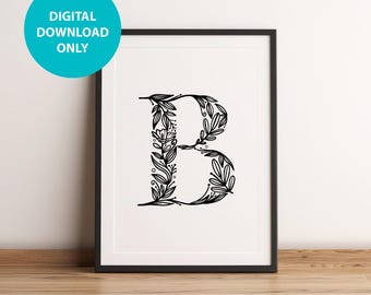 Floral Letter B Monogram Print, Kids Nursery Wall Art (Digital Download)