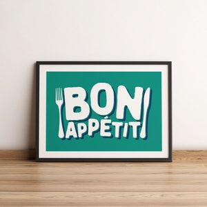 Bon Appetit Print, Kitchen Poster, Foodie Gift, Culinary Art Poster Print, French Wall Decor, French Quote Print, Housewarming Food Art Green