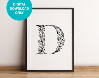 Floral Letter D Monogram Print, Kids Nursery Playroom Wall Art (Digital Download)