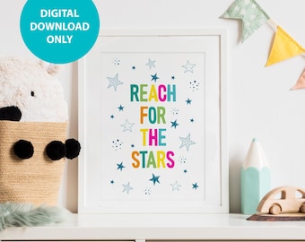 Reach For The Stars Art Print, Kids Bedroom Nursery Decor (Digital Download)