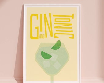 Gin & Tonic Cocktail Print, Gin Home Bar Art, Kitchen  Gin Cocktail Poster, Mixology gift, Gin and Tonic Kitchen Decor, Risograph Style Art