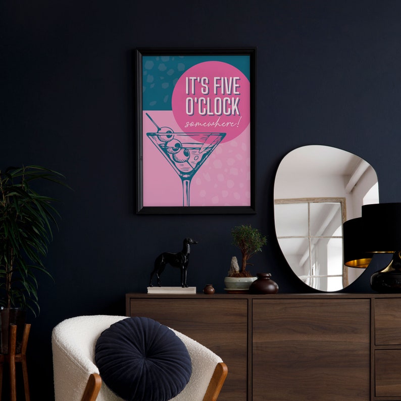 It's Five O'clock Somewhere! Funny Word Retro Wall Art Print in pink and teal