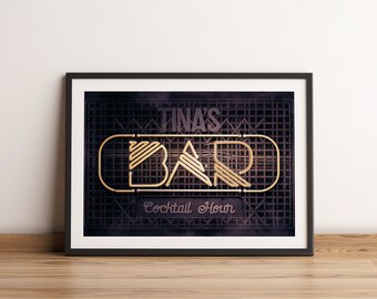 Personalised Art Deco Style Neon Bar Art Print, Neon Typography Print, Garden Bar Art Print Sign, Fathers Day Gift or Birthday Gift