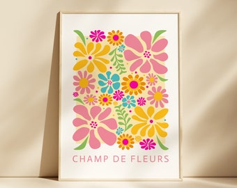 Retro Flower Field Wall Art Print, Abstract Bright Flower Poster, French Flower Print, Floral Wall Decor, Colourful Flower Botanical Print