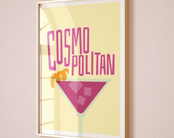 Cosmopolitan Cocktail Art Print, Home Bar Art, Kitchen Cocktail Poster, Mixology gift, Classic Cocktail Kitchen Poster, Risograph Style Art