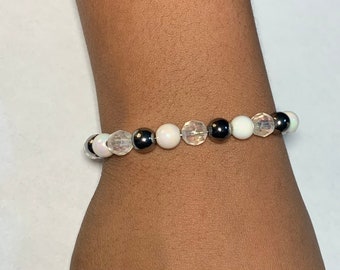 Black/Silver/Gold Theme Bracelet with Black Marble/White Pearl/Metallic Gray Complements