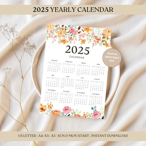 2025 Year Calendar Digital & Printable Calendar 2025 Minimalist Calendar PDF Floral Watercolor Yearly Overview Wall Calendar Office Planner