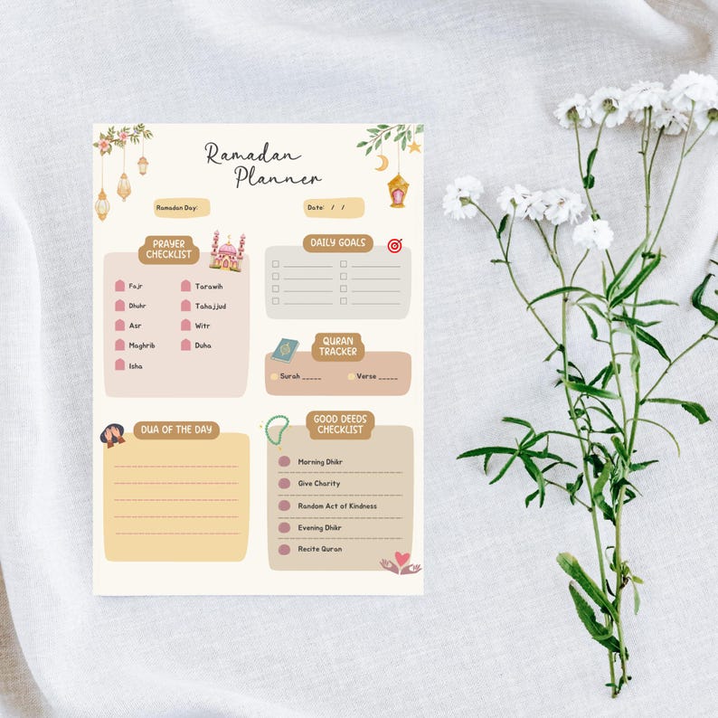 May include: A printable Ramadan planner with a light brown background and illustrations of lanterns and a mosque. The planner includes sections for daily goals, prayer checklist, Quran tracker, and good deeds checklist.