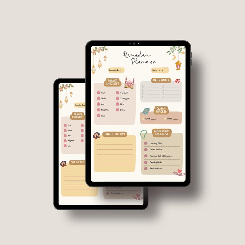 May include: A digital planner for Ramadan with a pink and brown color scheme. The planner includes sections for daily goals, prayer checklist, Quran tracker, and good deeds checklist. The planner is decorated with floral illustrations and a mosque.