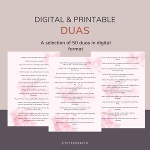 May include: A digital printable set of 50 duas in a pink and white watercolor design. The duas are written in Arabic script and translated into English. The text reads "Digital & Printable Duas A selection of 50 duas in digital format".