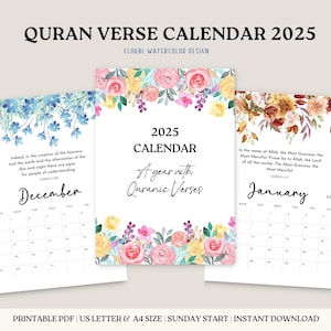 Quran Verses Calendar 2025 Digital & Printable Calendar Floral Minimalist Calendar PDF Islamic Wall Art Print Quotes Muslim Monthly Planner