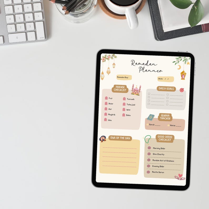 May include: A digital planner for Ramadan with a pink and yellow color scheme. The planner includes sections for prayer checklist, daily goals, Quran tracker, and good deeds checklist.