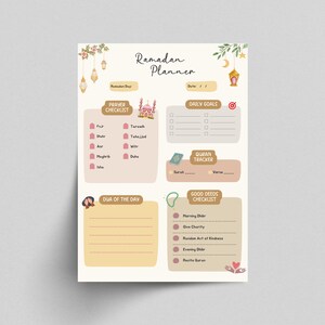May include: A printable Ramadan planner with a pink and yellow color scheme. The planner includes sections for daily goals, prayer checklist, Quran tracker, dua of the day, and good deeds checklist.