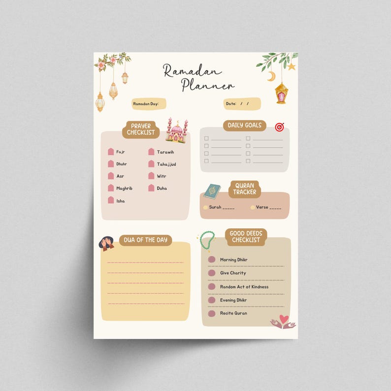 May include: A printable Ramadan planner with a pink and yellow color scheme. The planner includes sections for daily goals, prayer checklist, Quran tracker, dua of the day, and good deeds checklist.