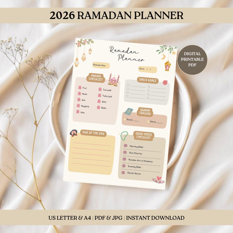 Ramadan Planner 2026, Cute Daily Tracker Ramadan To Do List, Digital Islamic Journal, Ramadan Decor Calendar Printable image 1