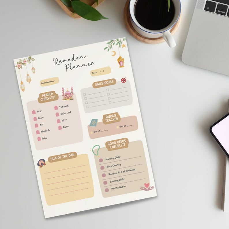 May include: A printable Ramadan planner with a light brown background and pink accents. The planner includes sections for daily goals, prayer checklist, Quran tracker, and good deeds checklist. The planner features illustrations of a mosque, lanterns, and a heart.