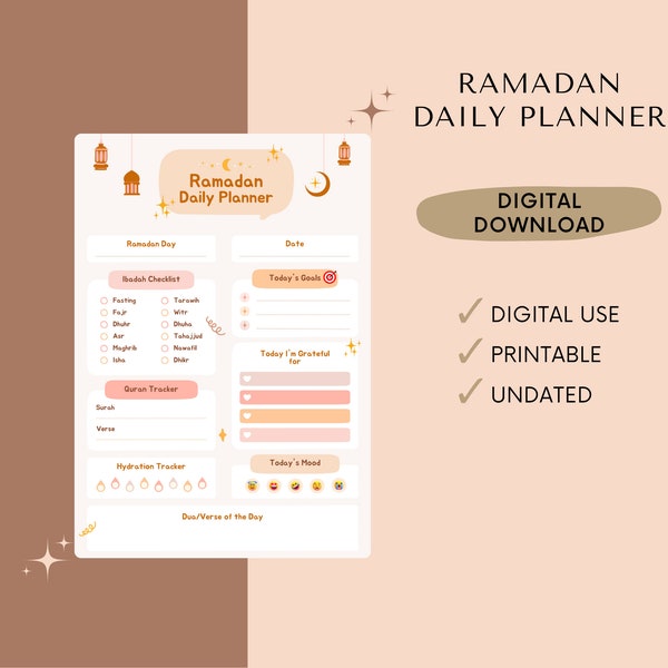 Cute Digital & Printable Ramadan Planner 2024 | Simple Cute Ramadan Daily Planner PDF | Ramadan To Do List | A4 PDF Digital Ramadan Tracker