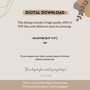 May include: Digital download listing for printable artwork. The listing includes two high-quality JPEG and PDF files in US Letter (8.5" x 11") and A4 sizes. The text says "This listing includes 2 high quality JPEG & PDF files with different sizes for printing: US LETTER (8.5" x 11") A4 If you require any other custom sizes or format please contact me Thank you for visiting my shop! eyeteeCrafts This is a printable digital download NO physical product will be shipped"