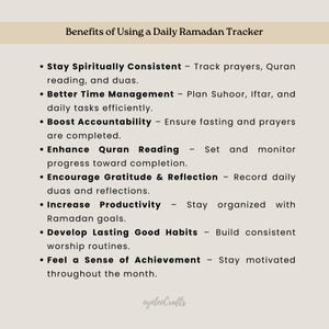 May include: A list of benefits of using a daily Ramadan tracker. The benefits include staying spiritually consistent, better time management, boosting accountability, enhancing Quran reading, encouraging gratitude and reflection, increasing productivity, developing lasting good habits, and feeling a sense of achievement.