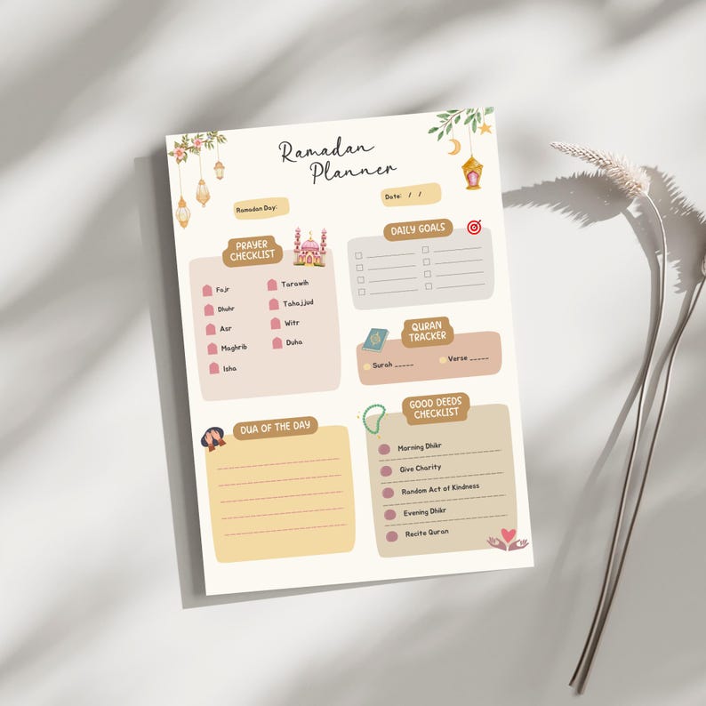 May include: A printable Ramadan planner with a pink and brown color scheme. The planner includes sections for daily goals, prayer checklist, Quran tracker, and good deeds checklist. The planner features a mosque illustration and a cute cartoon character.