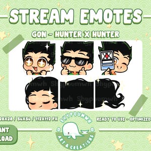 May include: Four digital illustrations of Gon from Hunter x Hunter. Gon is shown with different expressions and poses. The illustrations are in a cartoon style and are set against a green background. The text "STREAM EMOTES" and "GON - HUNTER X HUNTER" is displayed at the top of the image.