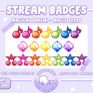 Puede incluir: Un conjunto de 18 insignias de transmisión de Twitch coloridas que presentan notas musicales, gemas y cerezas. Las insignias están disponibles en tres tamaños: 18x18, 36x36 y 72x72 píxeles. El texto "STREAM BADGES" está en la parte superior de la imagen, y el texto "MAGICAL DOREMI - MAGIC SEEDS" está debajo. El texto "READY TO USE - OPTIMIZED" está en la parte inferior de la imagen.