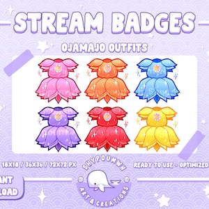 Peut inclure: Six tenues de personnages de dessin animé de différentes couleurs avec un motif floral. Les tenues sont rose, orange, bleu, violet, rouge et jaune. Le texte "OJAMAJO OUTFITS" est en haut de l'image. Le texte "18X18 / 36X36 / 72X72 PX" est en bas de l'image. Le texte "SHYPOUMWH ART & CREATIONS" est dans le coin inférieur droit de l'image. Le texte "READY TO USE - OPTIMIZED" est dans le coin inférieur droit de l'image.