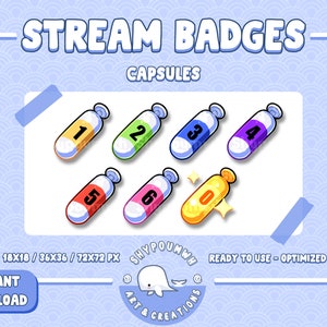 Peut inclure: Ensemble de sept badges de capsules de dessin animé colorés avec les numéros 1 à 7. Les badges sont conçus pour le streaming Twitch ou YouTube. Les badges mesurent 18x18, 36x36 et 72x72 pixels.