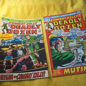 May include: Two vintage Marvel Comics featuring "Combat Kelly and the Deadly Dozen." The comic books have colorful covers with action scenes, including soldiers and a boxing match. The text includes "Mutiny!" and "The Origin of Combat Kelly!"