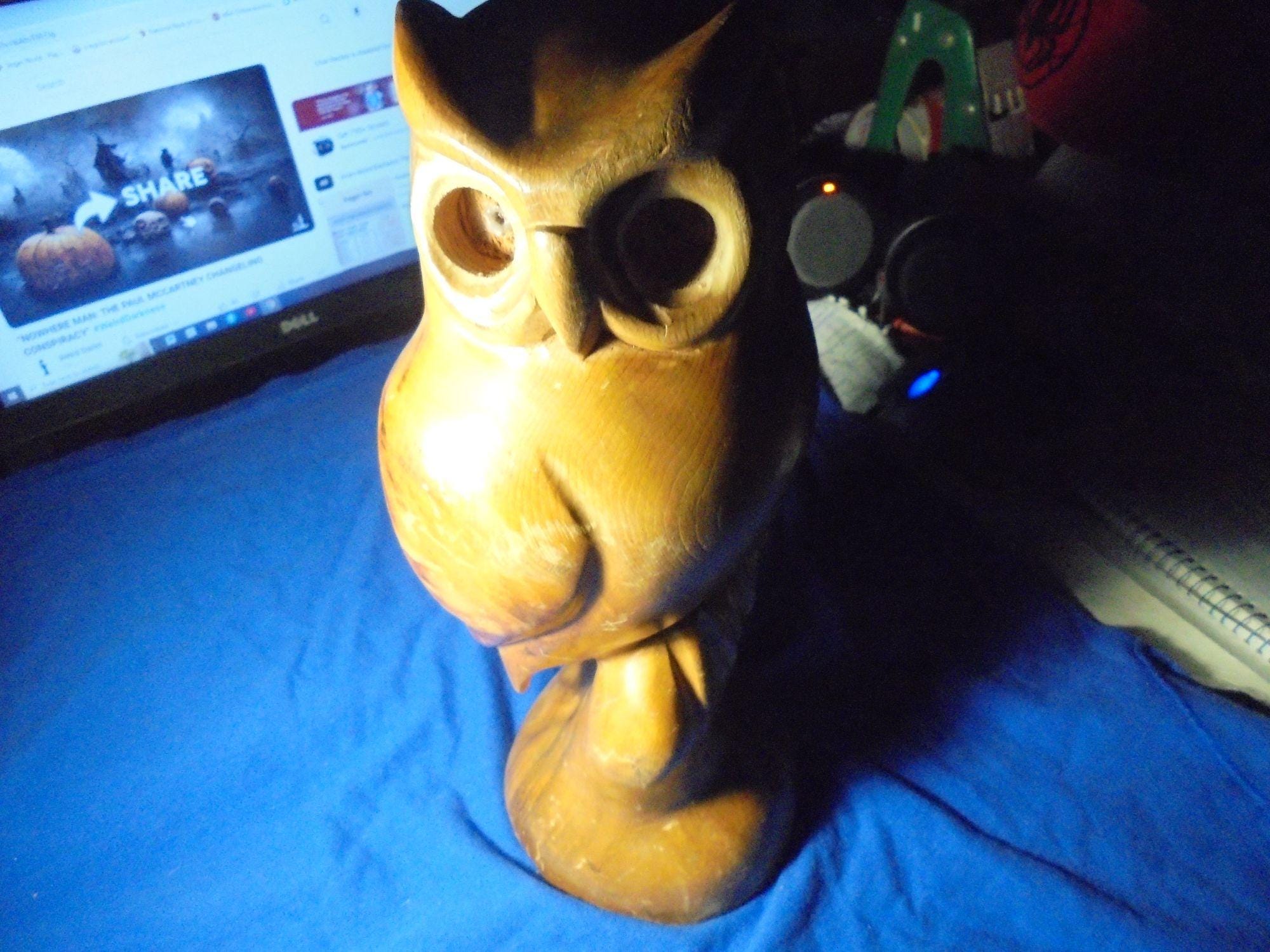 Early 1970's Hand-Carved WOODEN OWL SCULPTURE! One Foot Tall!  30.00 Shipped!!