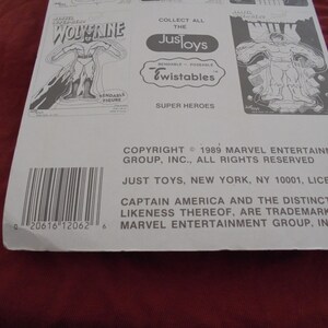 May include: A white and gray action figure package featuring Wolverine, Captain America, and other superheroes. The package includes the Just Toys logo and the text "Twistables Super Heroes". Copyright 1989 Marvel Entertainment Group, Inc.