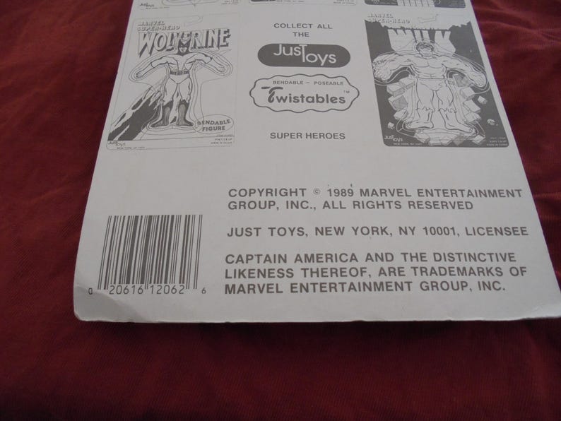May include: A white and gray action figure package featuring Wolverine, Captain America, and other superheroes. The package includes the Just Toys logo and the text "Twistables Super Heroes". Copyright 1989 Marvel Entertainment Group, Inc.