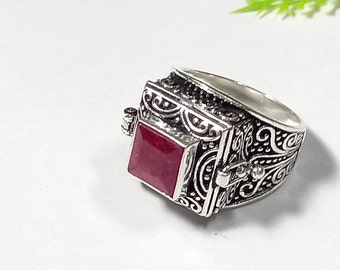 Summar Gift-Poison Ring-Ruby Gemstone Secret Box Ring-Secret Compartment Ring-Handmade Oxidized Fashion Box Ring Sterling Silver Ring