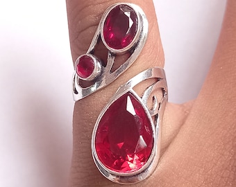 Anillo de granate rojo hecho a mano, chapado en plata 925, llamativo, de diseñador, bohemio, ajustable, regalo.