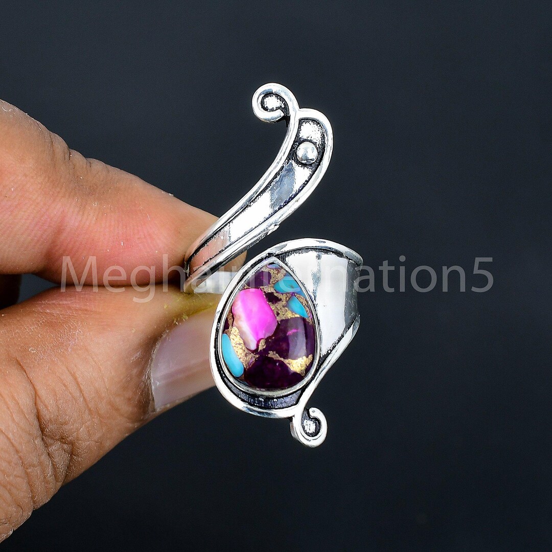Anello In Argento 925 Con Turchese Viola Naturale - Gioiello Artigianale Unico, Taglia Unica MB-94