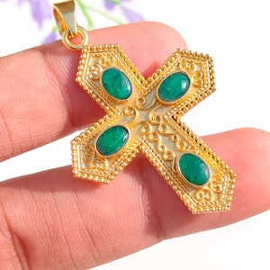 Vintage Designer Gold Pendant, Natural Emerald Cross Pendant, 18KGold Plated Handmade cross Pendant Gift, Emerald Cross Pendant, Best Seller