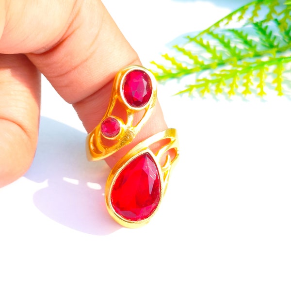 18K Gold Plated Ring, Adjustable Ring, Genuine Pear Red Garnet Gemstone Ring, Gold Ring, Three Stone Ring, Handmade Statement Jewelry Ring